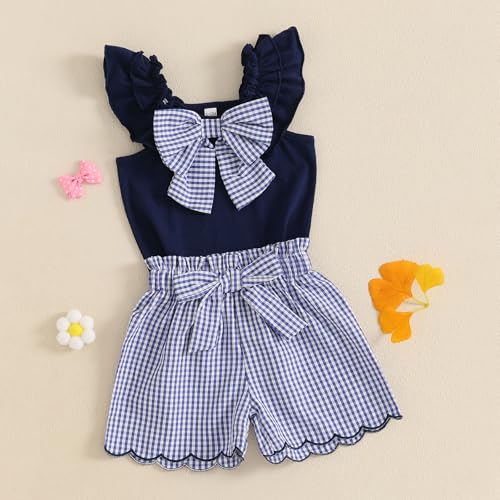 Toddler Baby Girl Summer Outfit Bow Embroidery Short Sleeve T-Shirt Plaid Ruffle Shorts Set Little Girls Clothes3