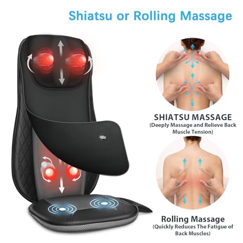Image of CuPiLo Shiatsu Neck & Back Massager with Heat, Massage Chair Pad Cushion for Stress Relief, Inflatable Flaps Back Support, Kneading or Rolling Chair Seat Massage