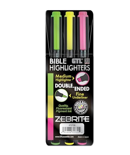 G.T. Luscombe Company, Inc. Zebrite Double Ended Bible Highlighter Set | No Bleed Pigmented Ink | No Fading or Smearing | Double Ended for Highlighting & Underlining | Green, Yellow, Pink (Set of 3)