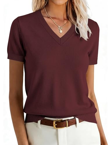 Image of ANRABESS Women Wool Blend Sweater Summer 2026 Short Sleeve V Neck Pullover Top Business Casual Outfit Beach Vacation Clothes