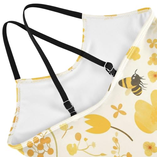Embroidery Bee Butterfly Flowers Watercolor Kids Girls 1 Piece Swim Suit Beach Swimwear Adjustable Shoulder Strap UPF4