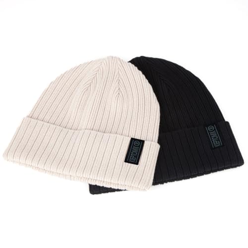 KIEPTOMIK 2pcs Cotton Knit Beanie for Men and Women,Ribbed Cuffed Winter Toque Hats,Soft Warm Beanies (Cotton, Black+Stone)