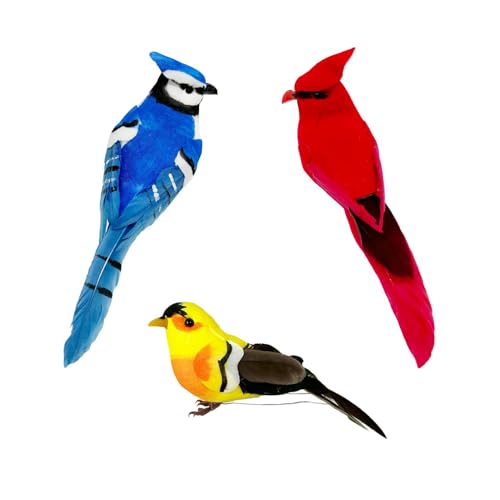 LWINGFLYER 3pcs Artificial Birds Realistic Red Cardinal Blue Jay Yellow Goldfinch with Wire Feet Assorted Birds Ornaments for Christmas Tree Decoration and Crafts
