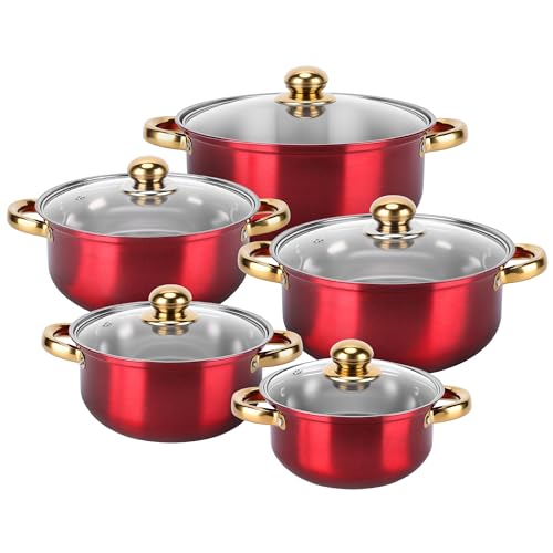 MEKOTRIN Batterie de Cuisine en Acier Inoxydables 10 Pièces, Ensemble de 5 Casseroles avec 5 Couvercles en Verre, Tous Feux dont Induction, Set de Faitouts Marmite Casserole - 12/14/16/18/20cm, Rouge