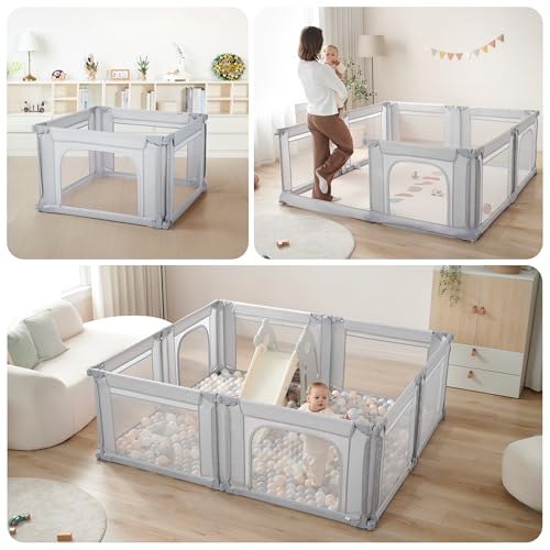 Image of Sweeby Modular Baby Playpen, Customizable & Foldable Playpen for Babies and Toddlers with Easy Access Gate, Portable Indoor & Outdoor Play Yard, Adjustable Shape Kids Activity Center (79 inchx71 inch, Grey)
