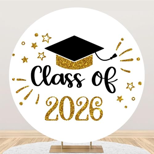 Graduation Backdrop Class of 2026 Round Backdrop Cover 6.56ft（200cm） Congrats Grad Banner d 2026 Graduation Party Decoration Gold White Bachelor Hat School Prom Party Background Studio Props