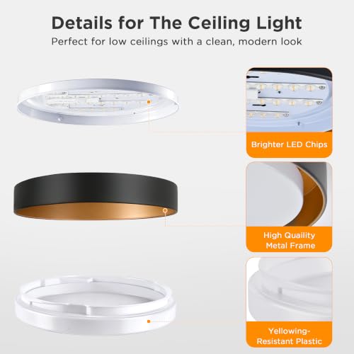 Image of LUTEC Flush Mount Ceiling Light, Matte Black with Gold Interior, 13in 23W Dimmable LED Ceiling Lights, 3000K Daylight, 3000lm Super Bright Energy-Efficient Modern Lamp for Bedroom, Hallway, Kitchen