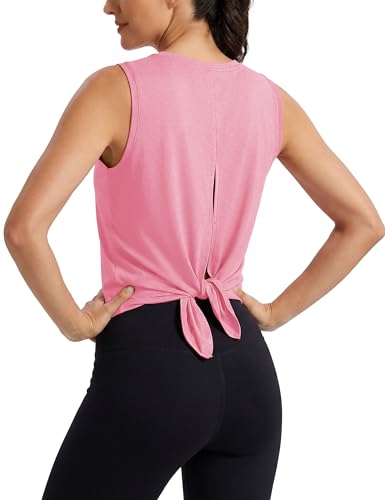 Image of MAGCOMSEN Workout Tank Tops Woman Summer Open Back Yoga Athletic Shirts Sleeveless Tie Back Loose Fit Gym Muscle Tank