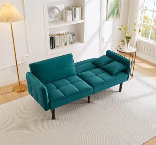 BLUON HOME Sofás, sofás y sofás, sofá en la nube, sofá cama ajustable 2 en 1, dos plazas con funda de terciopelo, reposabrazos plegables y función de dormir, ideal para espacios pequeños (verde azul