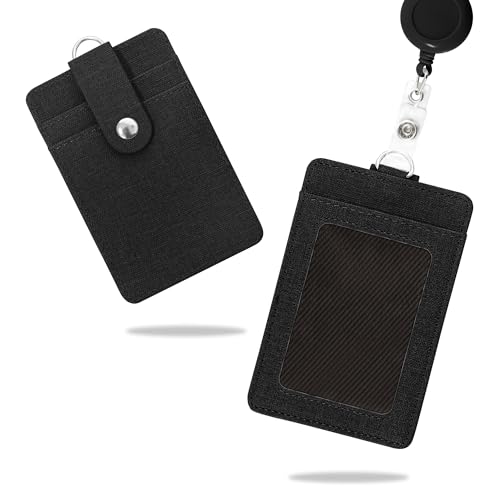 Image of Conisy ID Badge Holder with Retractable Lanyard, Vertical PU Leather ID Badge Card Holder with 2 Card Slots for Women Men (ID Badge Holder Black)