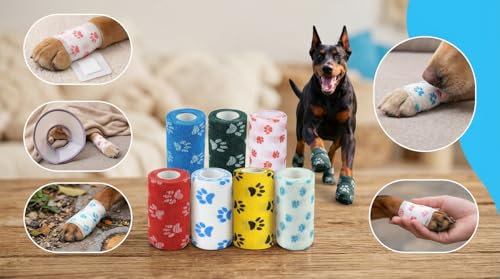 Image of Dog Bandage Cohesive Wrap for Paw & Leg | 10cm x 4.5m - Pack of 4 | Easy Tear, Fur Safe | Self Adhesive Elastic Vet Tape for Walking Protection, Wound Care & Licking Prevention Bandage Roll