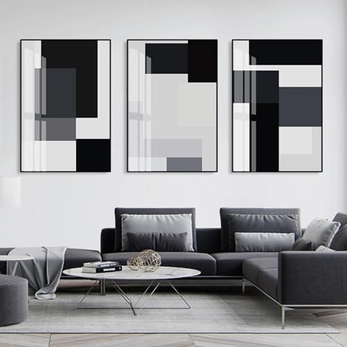 Affiches noir et blanc bloc géométrique en toile KEBIA 3 pièces 60x80 cm