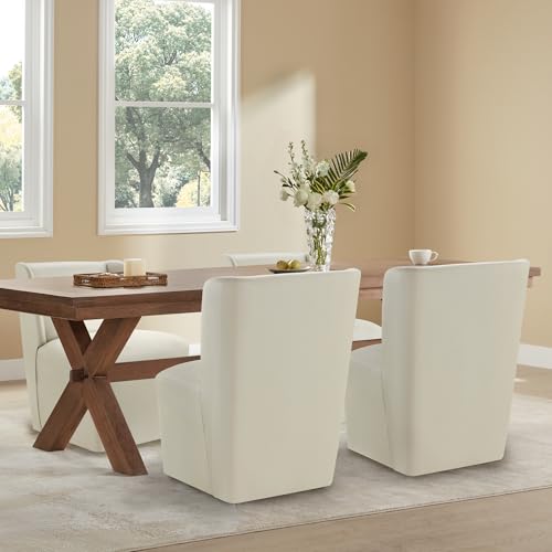 Image of KISLOT Upholstered Dining Chairs Set of 4 with Casters, Wingback Modern Side Armless Deskchair with Rollers for Diningroom Bedroom Livingroom Reading Room, Cream Faux Leather