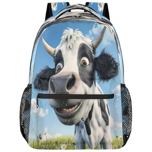 Cute Cow Daisy Flower Kids Backpack, Lightweight School Bookbag Large Capacity Laptop Backpack Water Resistant Daypack Shoulder Bag for Teenager Boys Girls