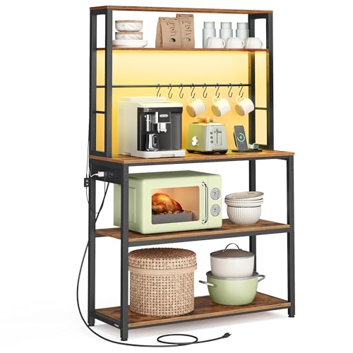 Image of VASAGLE Coffee Bar with LED Lights, Kitchen Bakers Rack with Power Outlet, Microwave Stand with Adjustable Shelves, 8 Hooks, 15.7 x 31.5 x 65.7 Inches, Rustic Brown and Matte Black UKKS050K01