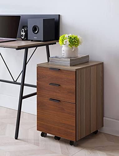 JJS 3 Drawer Rolling Wood File Cabinet with Locking Wheels, Home Office Portable Vertical Mobile Wooden Storage Filing Cabinet for Letter Size, Brown