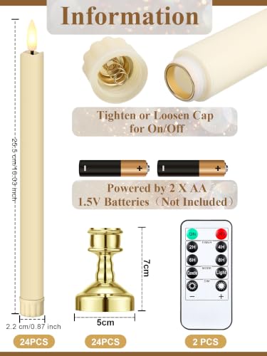 Image of VIHOSE 24 Pcs Flameless Taper Candles with Holders, Gold, Elegant Style