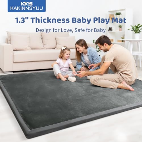 Image of 1.3 inch Thick Large Baby Play Mat 79 inchx59 inch - Non-Slip Memory Foam Crawling Mat for Tummy Time, Playpen, Nursery, Living Room, Dark Gray