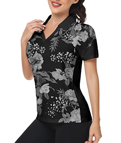 Jacketown Polo Shirts For Women Floral Golf Shirts Upf 50+ Lightweight Moisture Wicking Collared Tennis Shirts Ladies Tops(Black, M) #TOP20