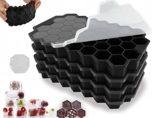 Image of BIDFUL [4 Pack] Silicone Ice Cube Trays for Freezer with Lid - 37 Grid Black Ice Cube Mold, Easy-Release Flexible Ice Trays, Reusable Stackable Ice Tray for Iced Coffee, Juice & Drinks