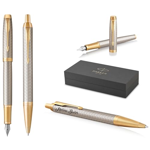 PARKER IM Premium Füllfederhalter und Kugelschreiber mit Gravur | Premium Stift | Geschenkbox | blaue Tinte | personalisiertes Geschenk | Jahrestag | Geburtstag (Warm Silver G.C.)