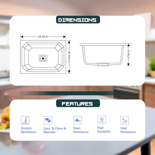 Image of BASINQU Quartz Sink for Kitchen | 24x18x9 Inches Rosa Single Bowl Sink For Kitchen Basin Diamond Designed | Granite UV Protected Scratch Resistant, Undermount /Topmount Kitchen Sinks