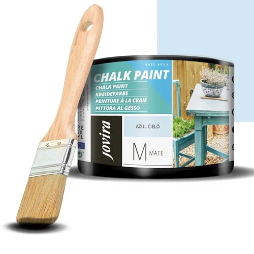 JOVIRA PINTURAS Pintura Tiza - Chalk Paint al Agua Mate + Pincel especial para madera. Renueva tus muebles con creatividad. (375 Mililitros, Azul Cielo + Pincel)