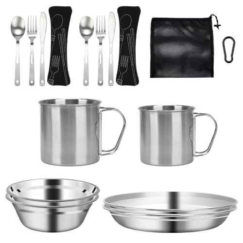 16 Teiliges Edelstahl Camping Geschirr Sets mit Schalen Teller Tassen Gabeln Löffel und Messer für 2 Personen. Reisebesteck Set für Backpacking,Outdoor Camping Wandern und Picknick-verstärkt