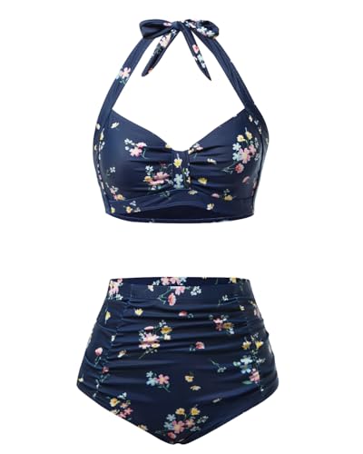 Image of Holipick Women High Waisted Bikini Set Two Piece Swimsuit Tummy Control Bathing Suit Vintage Halter Swimwear