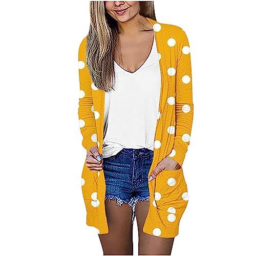 Women's Cardigans Lightweight Polka Dot Print Kimono Coat Long Sleeve Plus Size Open Front Sweaters with Pockets Yellow