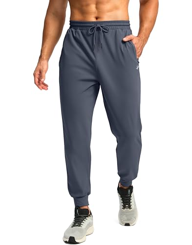 Pudolla Men's Fleece Lined Joggers Sweatpants with Zipper Pockets Winter Warm Pants for Men Running Workout Gym Athletic(Grey Blue Large)
