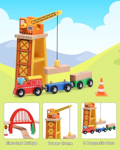 SainSmart Jr. 41 Pcs Deluxe Wooden Train Set for Toddler, Wood Train Track w/Crane Fits Brio Thomas, Melissa and Doug for Kids Ages 3+ - Thumbnail 3