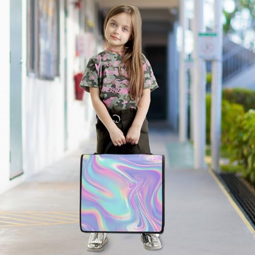 Image of Holographic Neon Pattern Iridescent Zipper Binder Bag 3 Ring Binder with Shoulder Strap Zip Up 500 Sheets Capacity Multi Pockets for School Office Supplies
