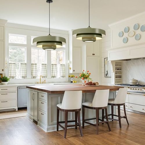 Image of Olive Green Large Pendant Light Fixture, 17.7 inch Vintage Industrial Adjustable Height Hanging Lamp for Farmhouse Cafe Bistro Kitchen Island Dining Room
