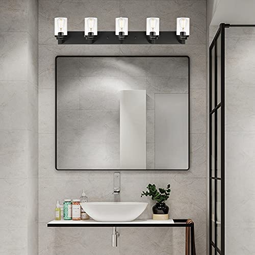 Melucee 5-Light Black Bathroom Light Fixtures With Clear Glass Shade, 40 Inches Length Vanity Lights Industrial Wall Mount Light For Bathroom Mirror, Powder Room Bedroom #TOP3