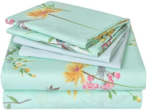JSD 6 Piece Green Floral Sheet Set Queen Size, Soft Botanical Printed Microfiber Sheets with 4 Pillowcases Deep Pocket