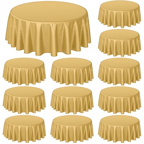 Buryeah 12 Pcs 84 Inch Gold Round Plastic Disposable Table Cloth Waterproof Tablecloth Circle Table Covers for Bridal Wedding Birthday Party Gender Reveal Baby Shower