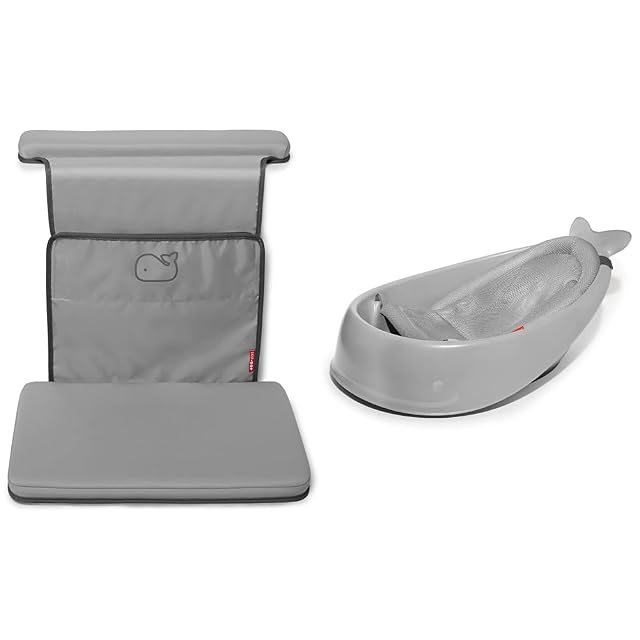 Skip Hop Baby Bath Elbow Saver Kneeler and 3-Stage Smart Sling Tub Bundle Moby Grey