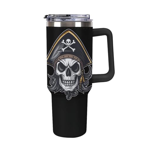 Botella de agua y taza de viaje de 40 onzas con calavera pirata para hombre y mujer