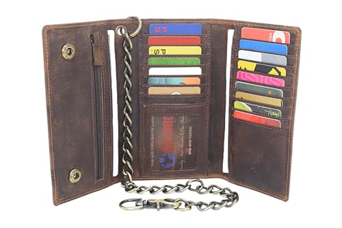 Biker Skull Chain Wallet RFID Signal Blocking Men's Vintage Leather Long Tri-fold Chain Checkbook Card ID Wallet (Skull Brown)2