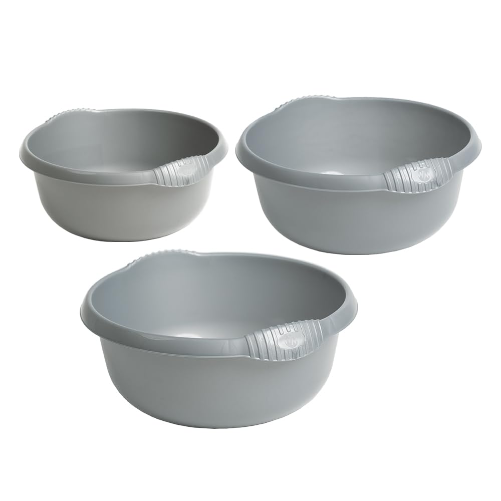 M1SS 3 Piece Multi-Functional Round Plastic Bowl Set Washing Up Bowls With Integral Handles For Sink Basin Kitchen Counter Top (28cm, 32cm & 36cm Bowls) (Silver)