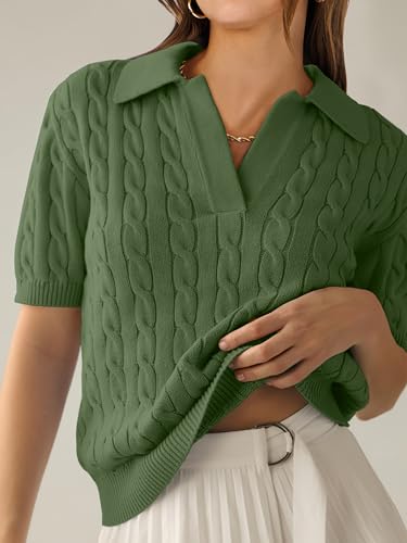 Image of ANRABESS Womens Short Sleeve Cable Knit Polo Sweaters Summer Fall Outfits
