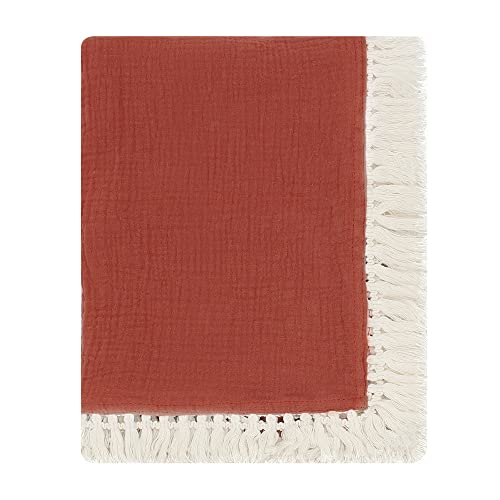 Image of JH-YiSheng Cotton Muslin Baby Blanket with Tassel, Newborn Swaddle Wrap, Cotton Baby Receiving Blanket, Infant Sleeping Quilt Bed Cover, 43"x47" (Rust)