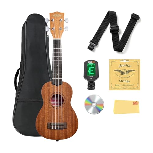 Kala KA-15S Satin Mahogany Soprano Ukulele Bundle with Gig Bag, Tuner, Strap, Strings, Austin Bazaar Instructional DVD, and Polishing Cloth