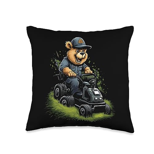 Lawnmower Funny Bear Lover Bear Riding Mower Lawn Mowing Grass Cutting Gardening Throw Pillow, 16x16, Multicolor