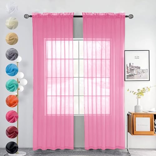 Youleyar Juego de 2 cortinas transparentes de gasa de poliéster para ventana de bolsillo, cortinas transparentes para salón, decoración para dormitorio, 140 x 260 cm, color rosa