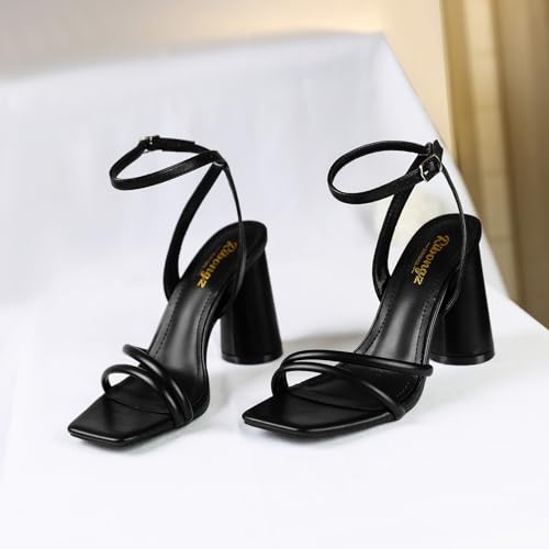 Ribongz Black Block Heeled Sandals For Women Chunky Prom Heels Square Open Toe Strappy High Heels Ankle Strap Wedding Bridal Shoes High Heel Sandals For Party Dress 7.5 thumb #2