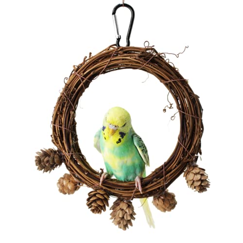 Barn Eleven Parrot Bird Swing Perch, Small Birds Natural Tuckahoe Rattan Round Shape Hanging Chewing Grinding Beak Play Stands Toys for Parakeet Cockatiel Conures Lovebirds Budgie