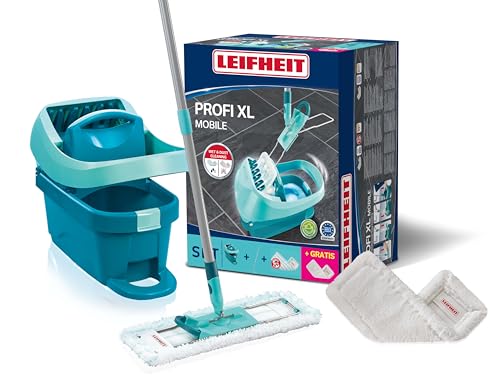 Leifheit Set Wischtuchpresse Profi XL mit Bodenwischer 146cm und Rollen 1x Mikrofaser Bezug für alle glatten Böden und 1x Staubtuch SUPERDUSTER XL Putzen ohne Bücken Click-System