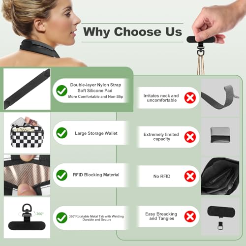 Image of YFWE Clip and Go Strap for Phone with Wallet Crossbody, Adjustable Phone Lanyard with Detachable RFID Wristlet Wallet, Phone Strap with Phone Tabs for All Phones, Black Checkered (M)